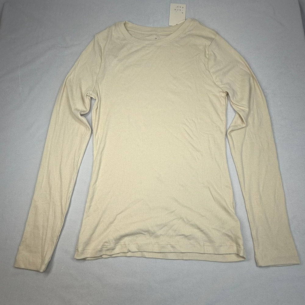 A New Day Womens Top‎ Ribbed Long Sleeve Crewneck T-Shirt Cream XS New